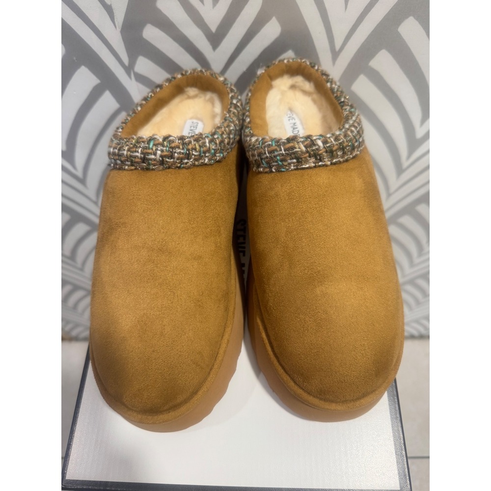 Steve Madden Selden Chestnut Platform Mules Faux Fur Tweed Trim Womens 9.5 NEW